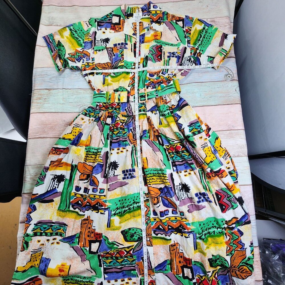 Vintage Together! Multicolor Abstract Print Belted Short-Sleeve Cotton Dress Wom - Picture 9 of 12